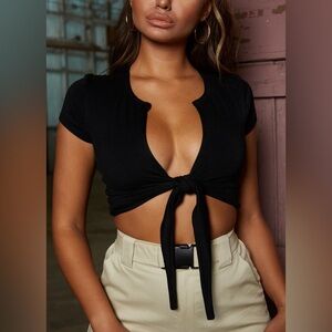 Oh Polly Knot My Intention Plunge Tie Front Crop Top in Black